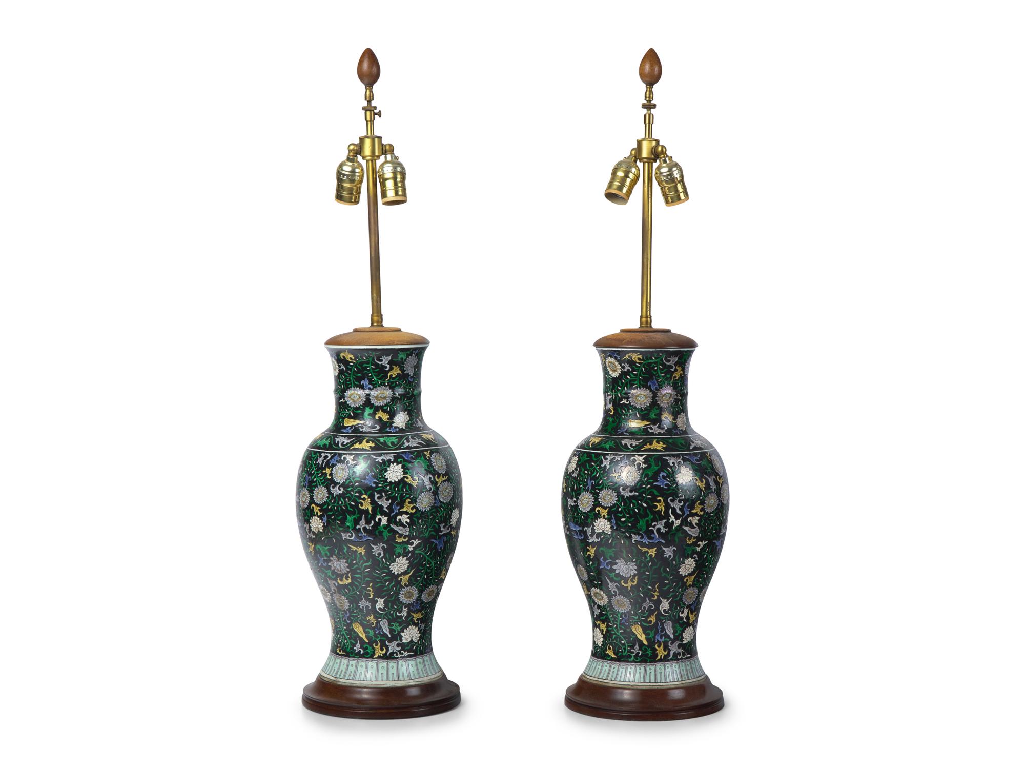 A Pair of Chinese Export Porcelain Famille-Noire Vases Mounted as Lamps