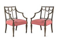 A Pair of George III Polychrome and Green-Painted Open Armchairs