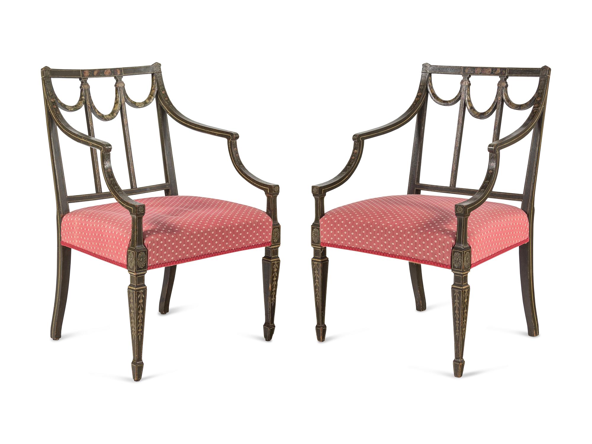 A Pair of George III Polychrome and Green-Painted Open Armchairs