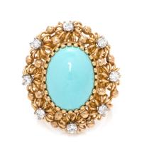 A Yellow Gold, Turquoise and Diamond Ring, 7.10 dwts.