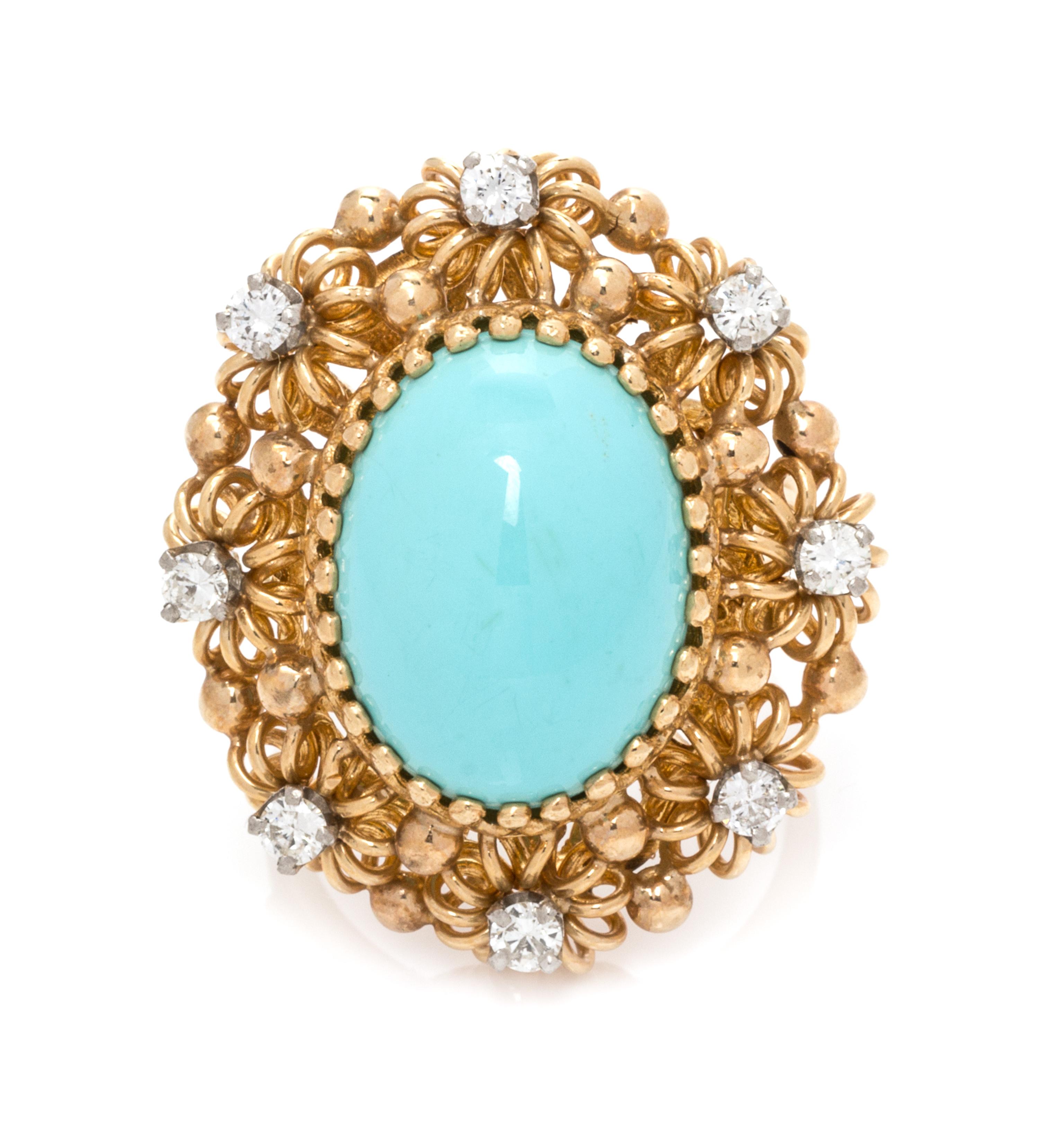 A Yellow Gold, Turquoise and Diamond Ring, 7.10 dwts.