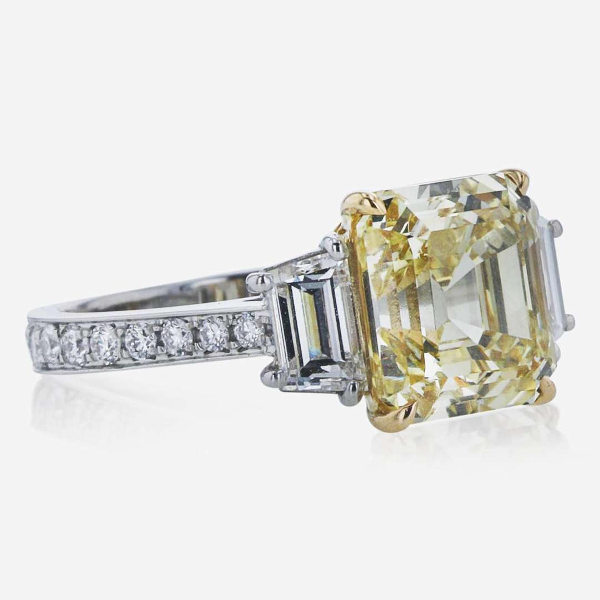 Colored Diamond, Platinum, and 18K White Gold Ring 4.41 Carat Rectangular Step-Cut Colored Diamond, GIA Certified