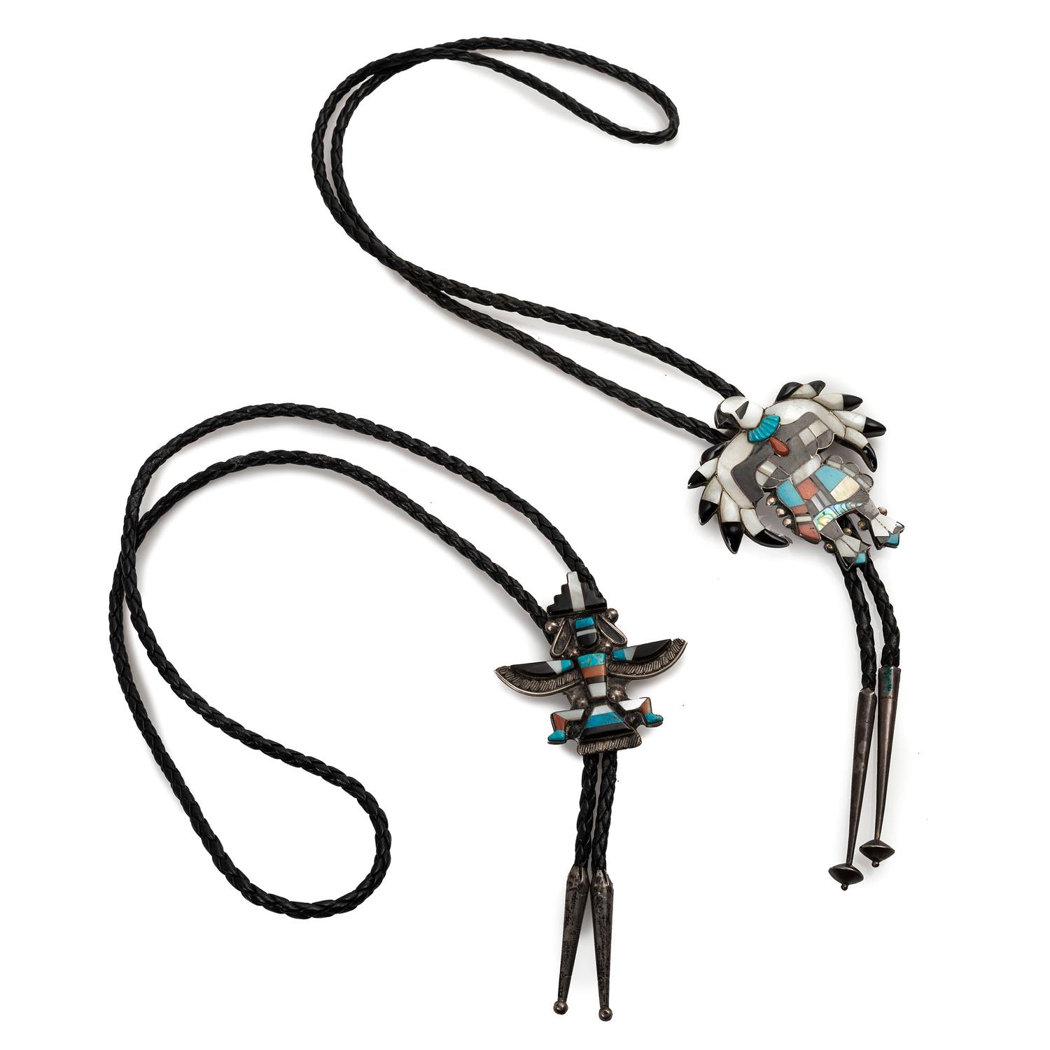 Zuni Mosaic Inlay Eagle Dancer and Knifewing Bolo Ties