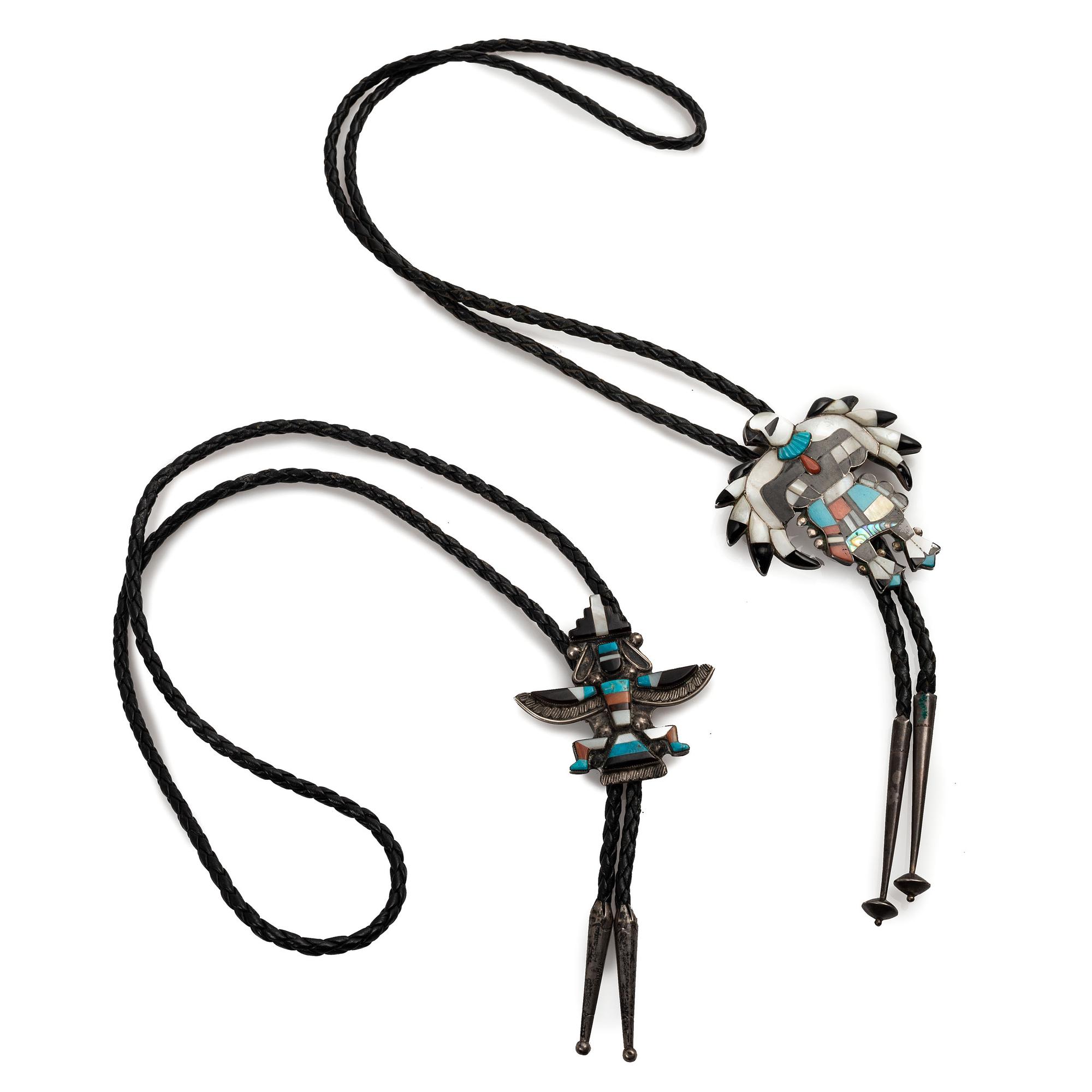 Zuni Mosaic Inlay Eagle Dancer and Knifewing Bolo Ties