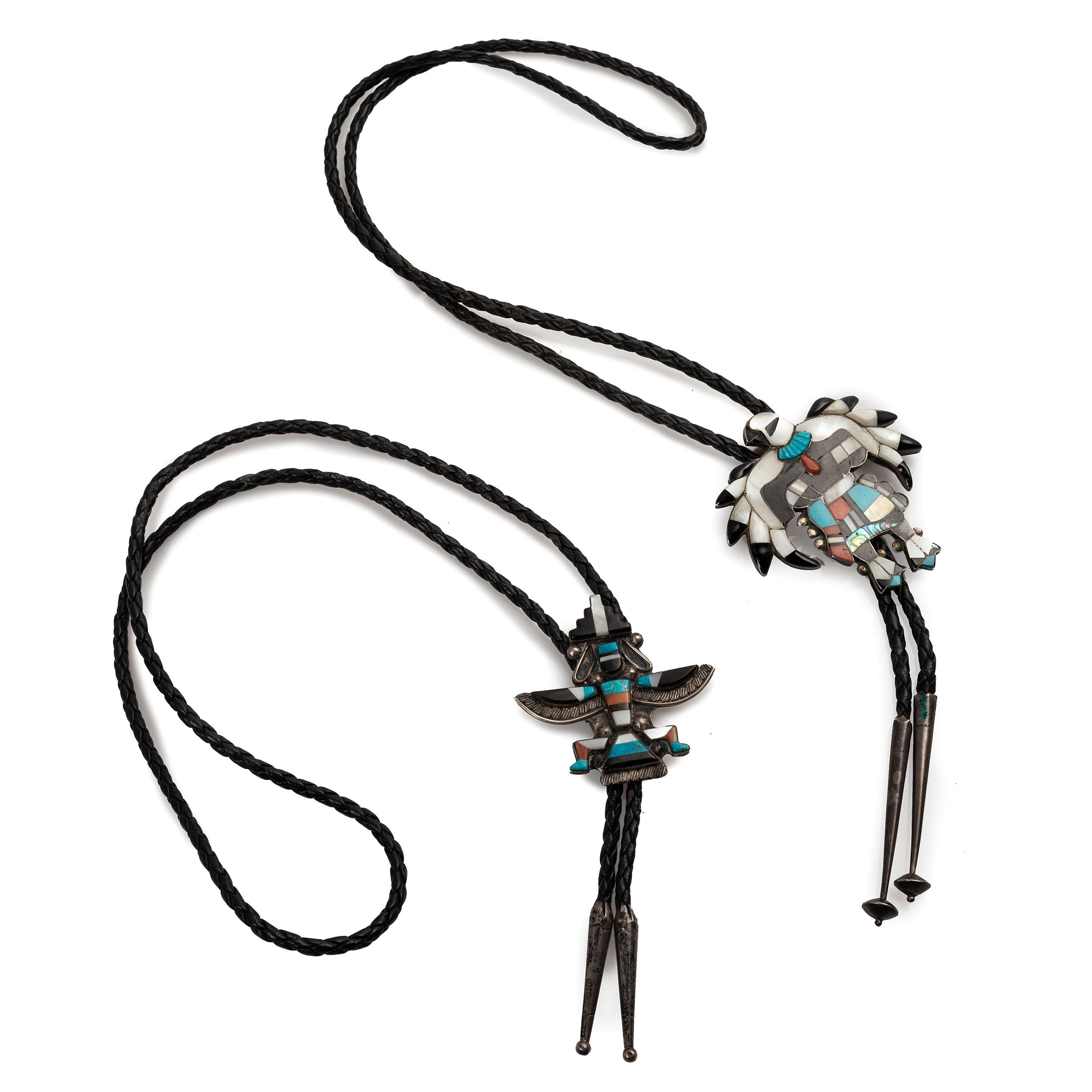 Zuni Mosaic Inlay Eagle Dancer and Knifewing Bolo Ties