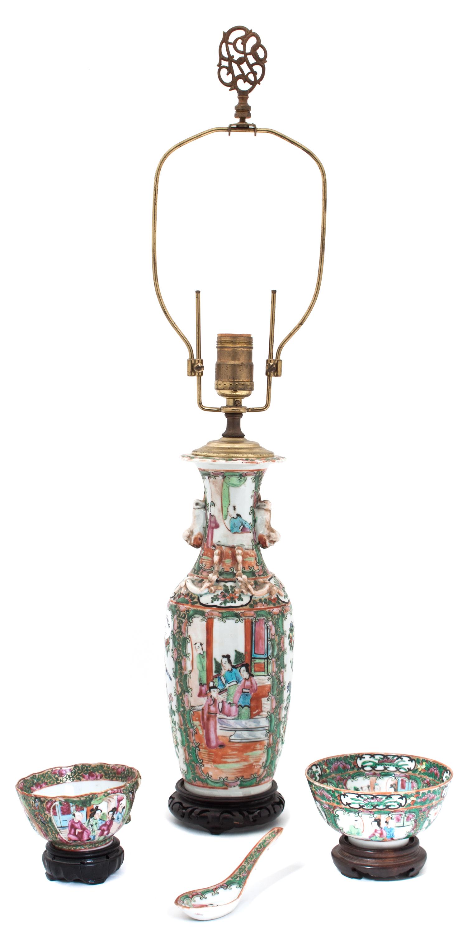 Four Rose Medallion Porcelain Articles Height of lamp overall 25 inches.