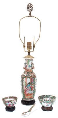 Four Rose Medallion Porcelain Articles Height of lamp overall 25 inches.
