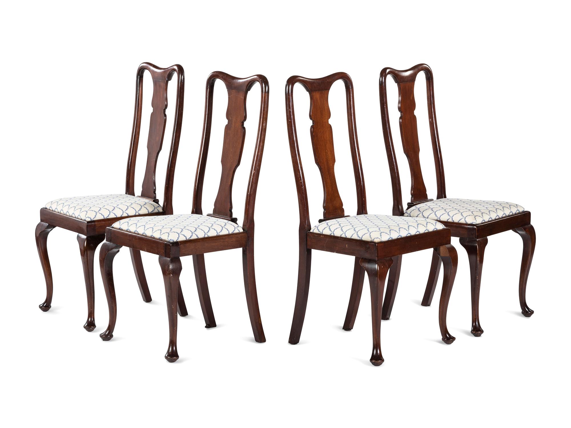 A George III Mahogany Games Table and a Set of Four Queen Anne Style Walnut Dining Chairs
