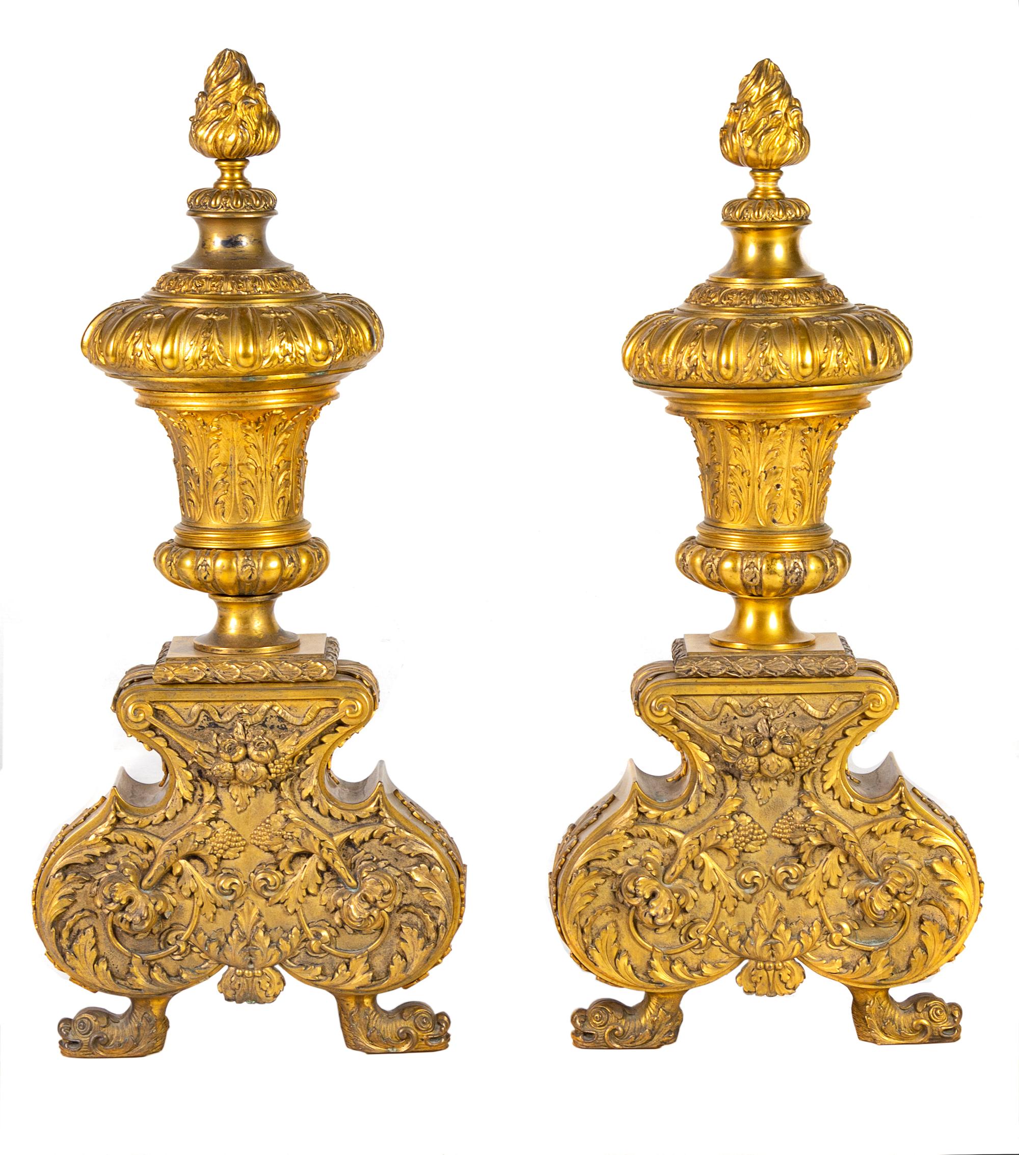 A Pair of Napoleon III Gilt Bronze Andirons Height 29 x width 12 1/4 x depth 11 inches. — LATE 19TH CENTURY