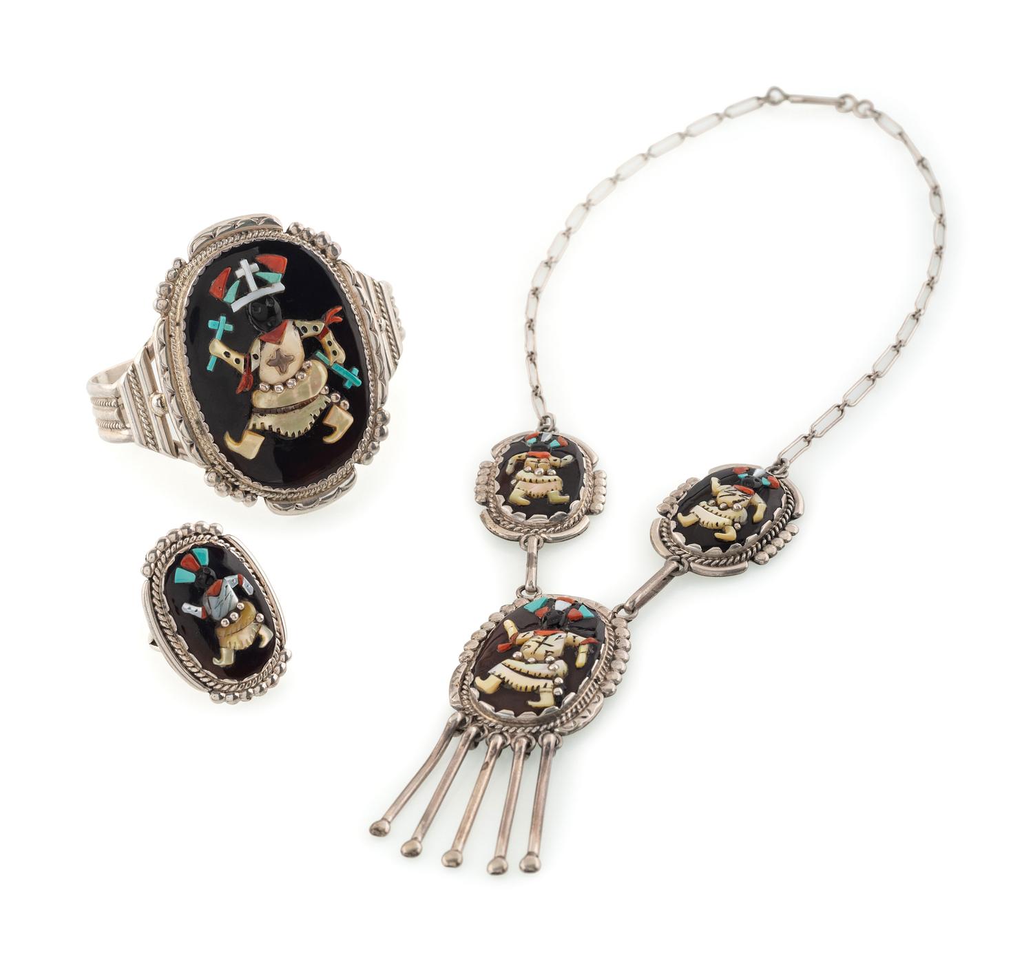 Silver and Mosaic Inlay Gan Dancer Necklace, Ring, AND Cuff Bracelet Set