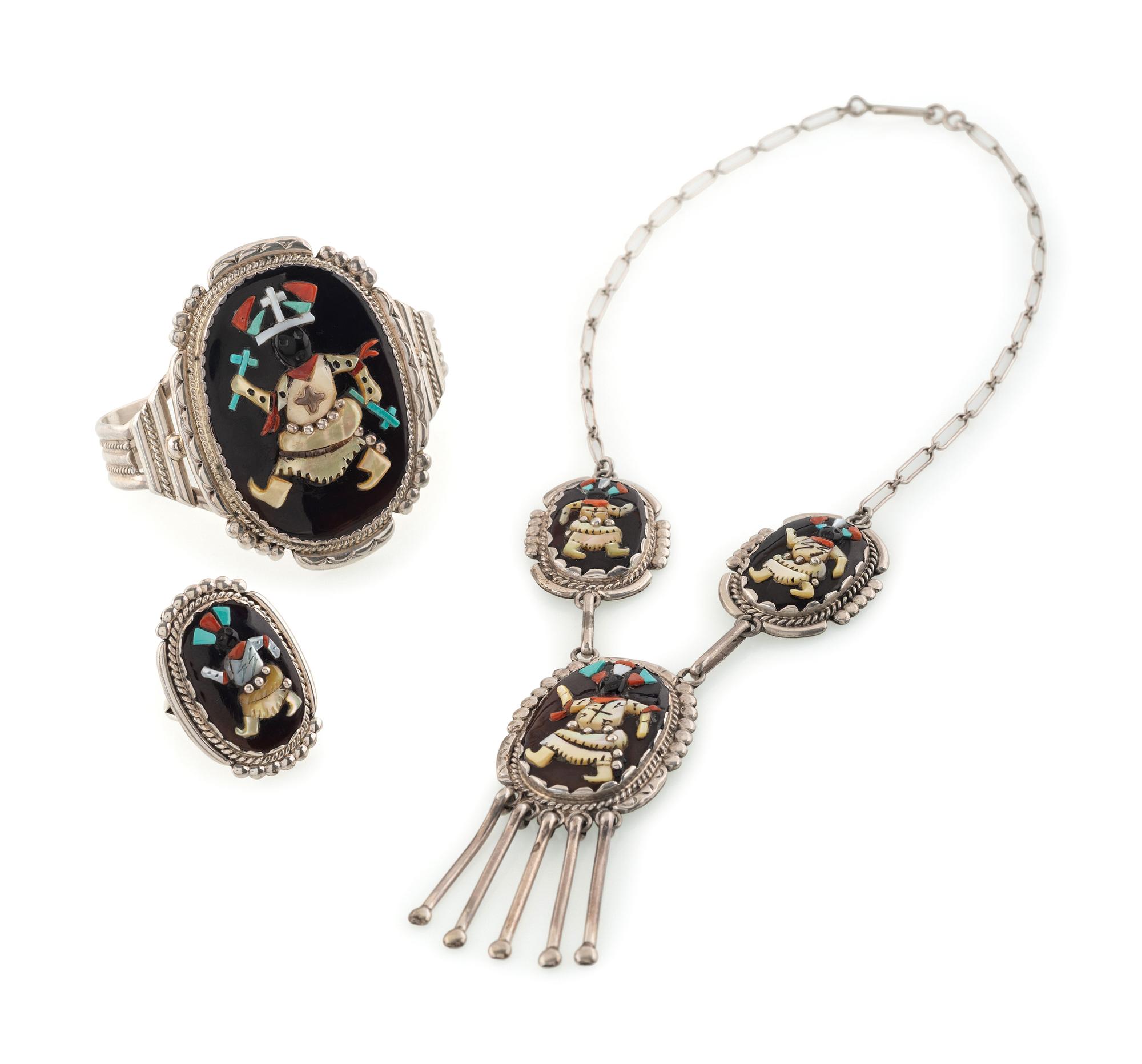 Silver and Mosaic Inlay Gan Dancer Necklace, Ring, AND Cuff Bracelet Set