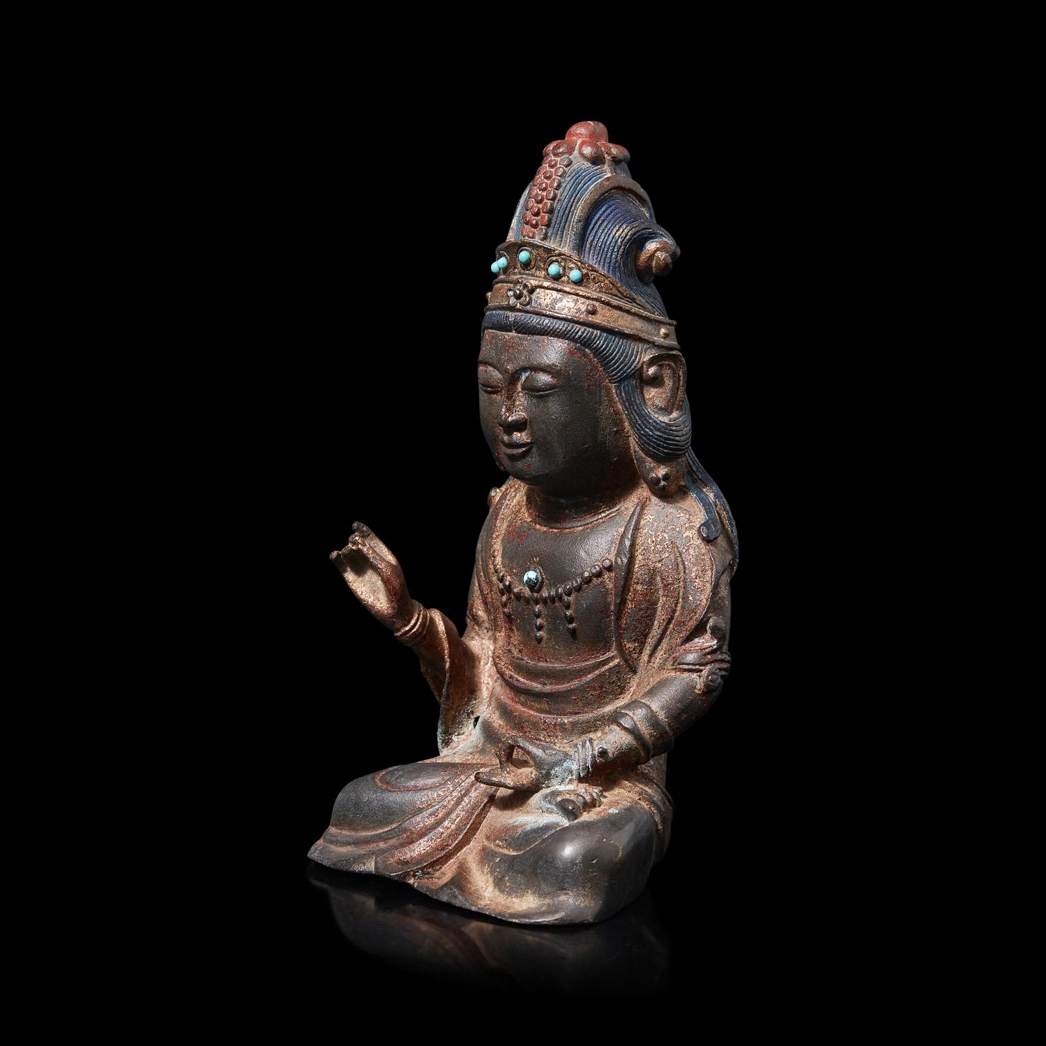 A Korean Polychrome Painted and Turquoise Inset Bronze Figure of a Bodhisattva, Joseon Period, Early 17th Century 十七世紀朝鮮王朝 銅嵌寳坐佛