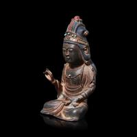 A Korean Polychrome Painted and Turquoise Inset Bronze Figure of a Bodhisattva, Joseon Period, Early 17th Century 十七世紀朝鮮王朝 銅嵌寳坐佛