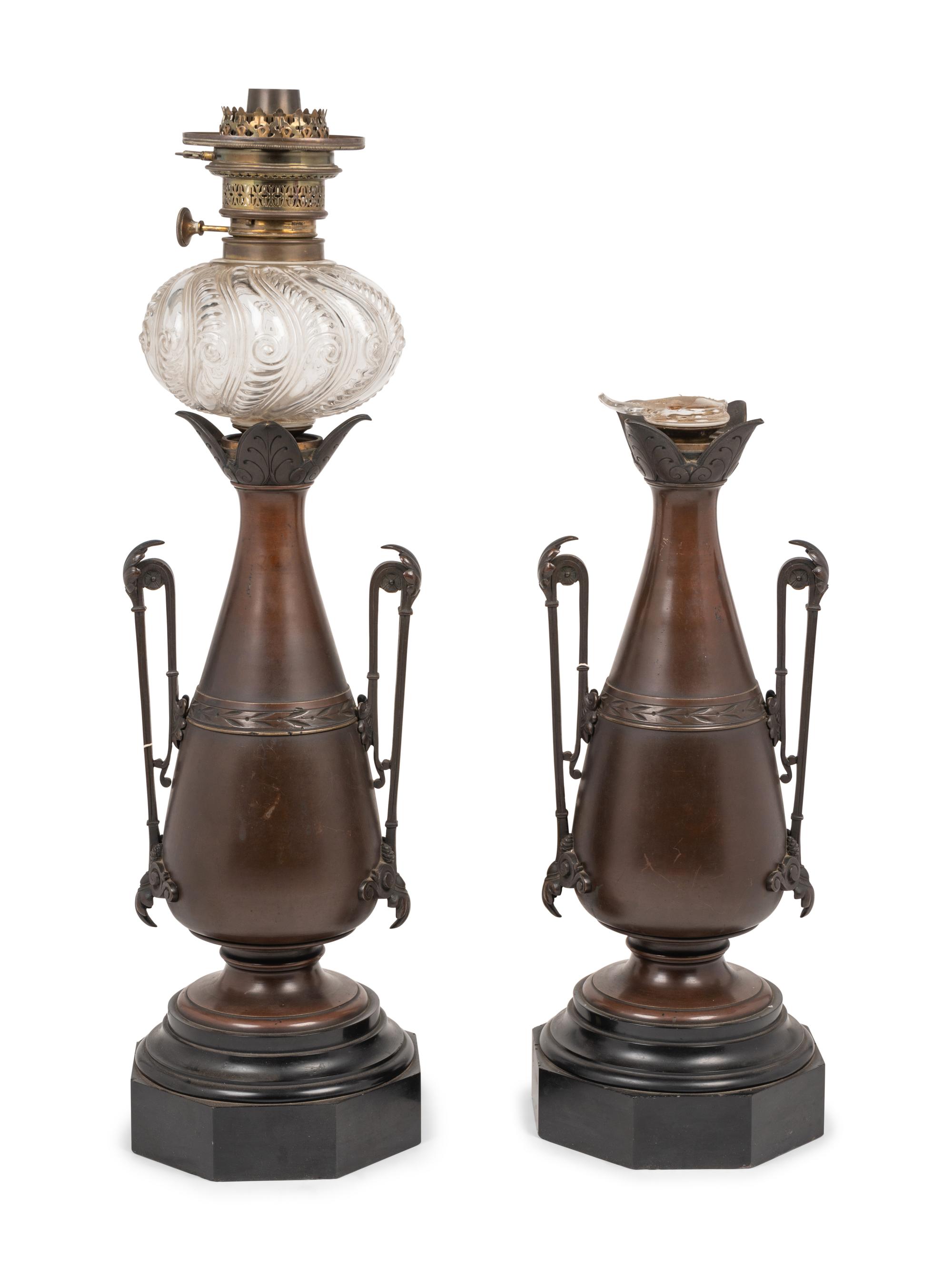A Pair of French Neoclassical Bronze and Cut Glass Fluid Lamps Converted to Electricity
