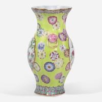 A finely-decorated chartreuse-ground lobed cabinet vase 粉彩黄绿地赏瓶 Qianlong six-character seal mark ?????