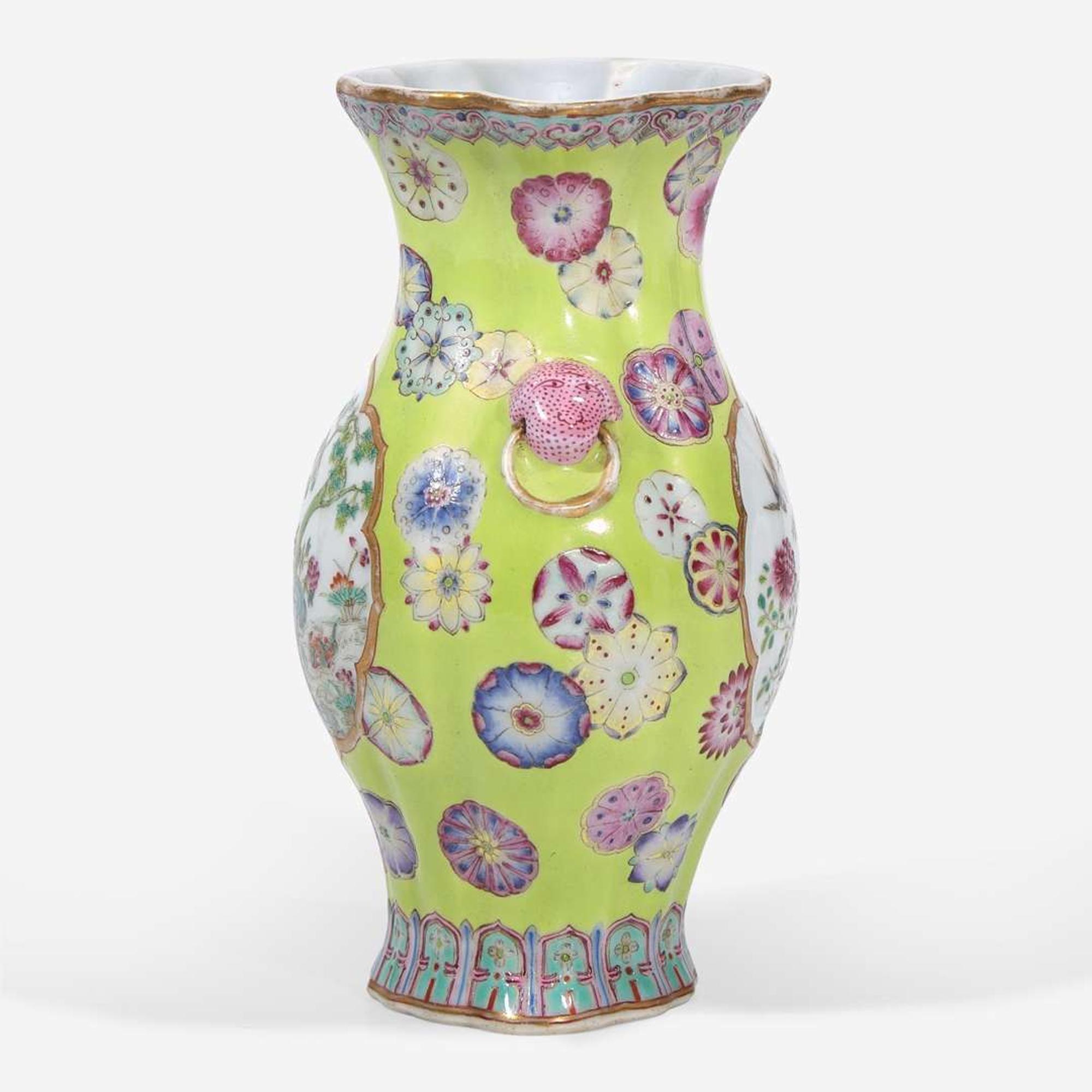 A finely-decorated chartreuse-ground lobed cabinet vase 粉彩黄绿地赏瓶 Qianlong six-character seal mark ?????