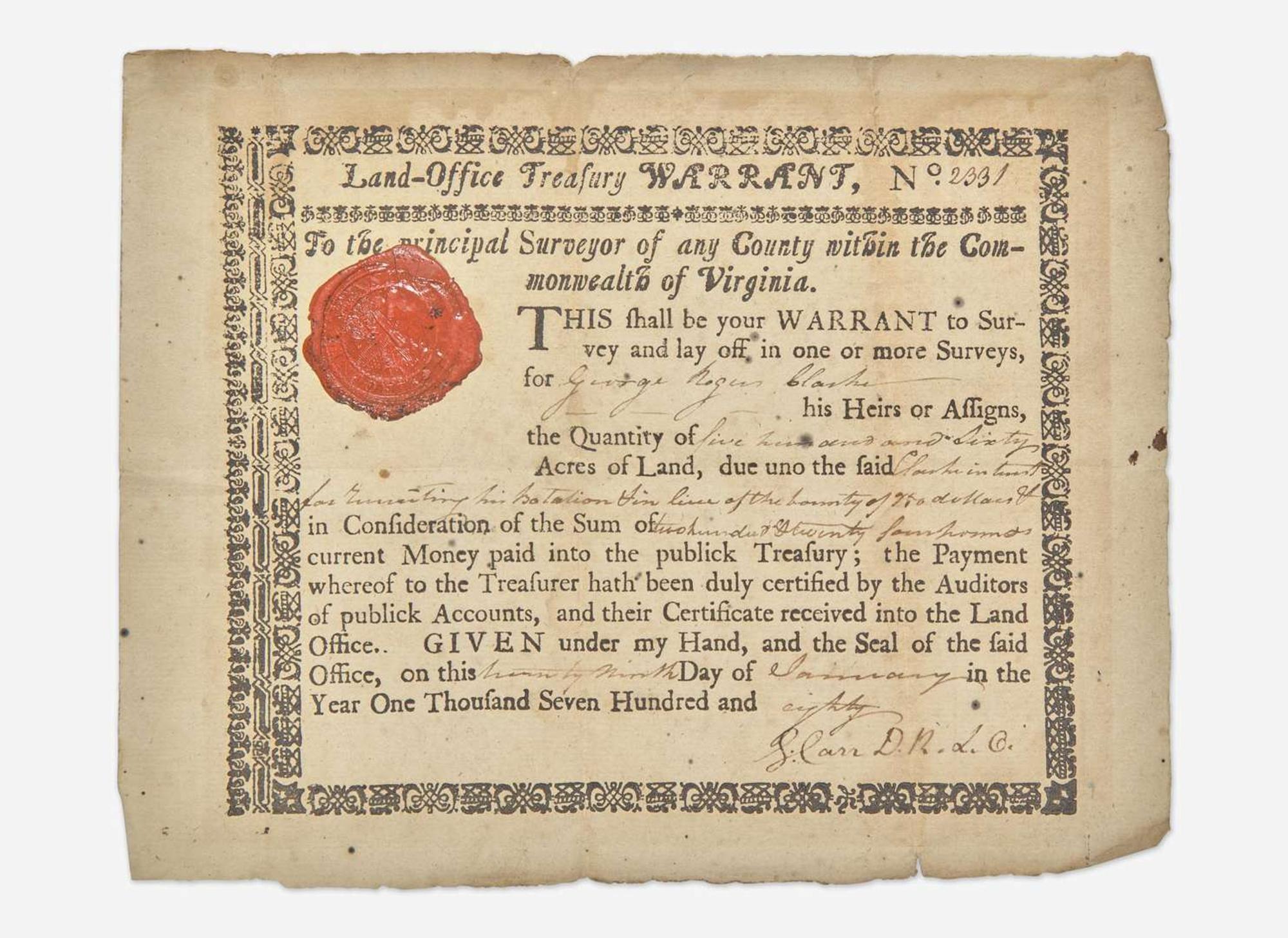 [American Revolution] Clark, George Rogers: Partially-Printed Document, signed