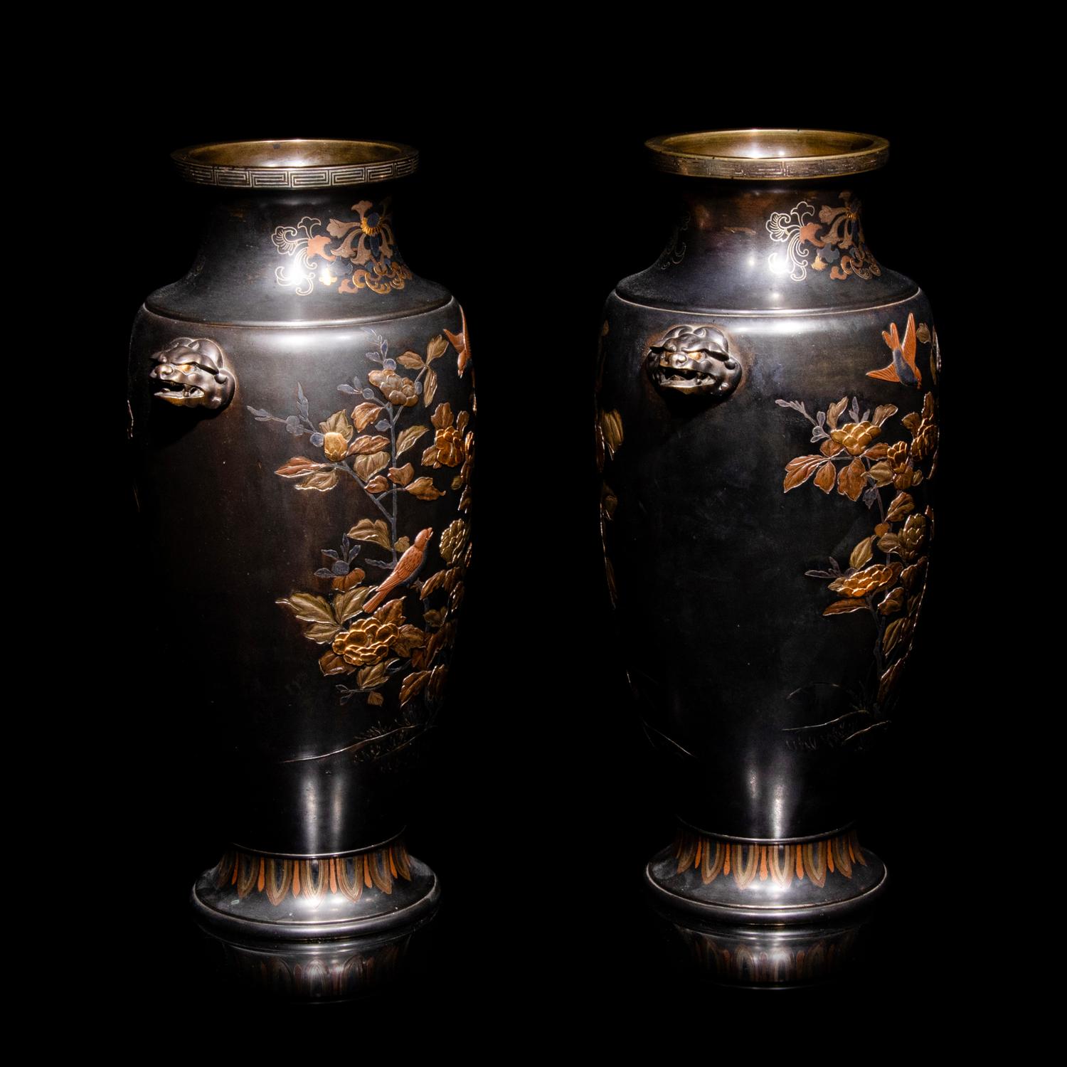 A Pair of Japanese Bronze and Mixed-Metal Baluster Vases, Meiji Period, Late 19th Century