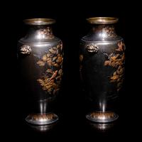 A Pair of Japanese Bronze and Mixed-Metal Baluster Vases, Meiji Period, Late 19th Century