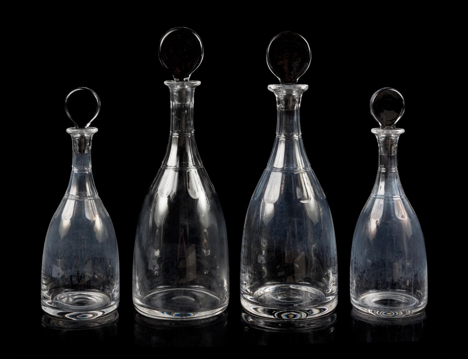 Two Pairs of William Yeoward Glass Decanters Height of tallest 15 1/2 inches.