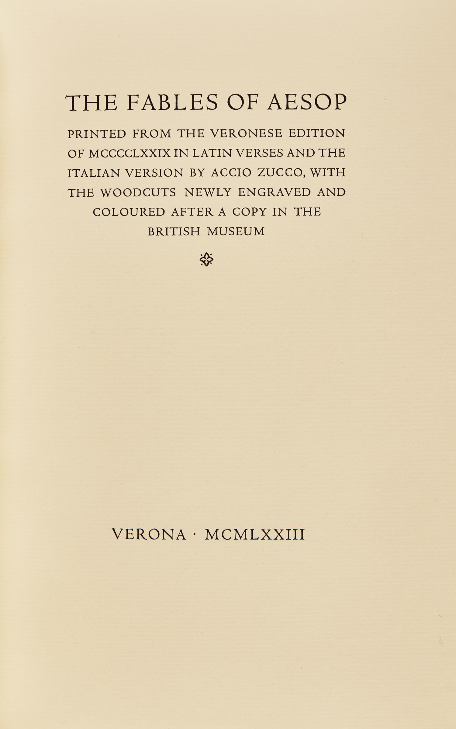 [Officina Bodoni] The Fables of Aesop Printed From the Veronese Edition of MCCCCLXXIX in Latin Verses and the Italian Version by Accio Zucco...