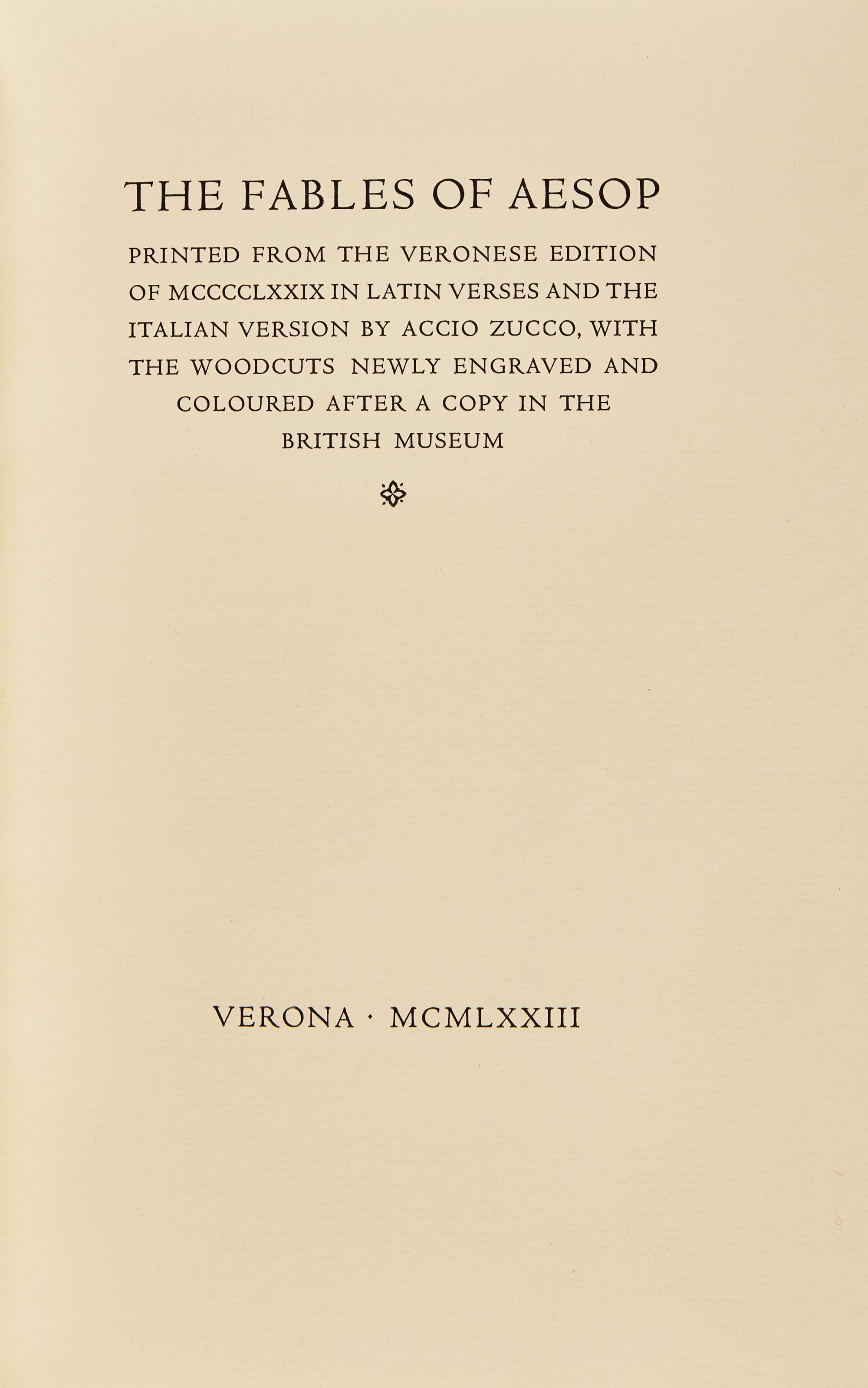 [Officina Bodoni] The Fables of Aesop Printed From the Veronese Edition of MCCCCLXXIX in Latin Verses and the Italian Version by Accio Zucco...