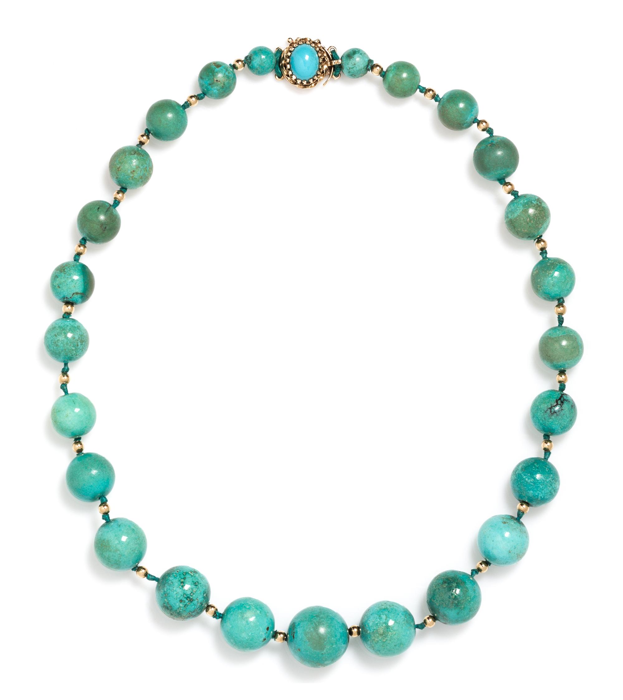 A 14 Karat Gold and Turquoise Bead Necklace, 39.30 dwts