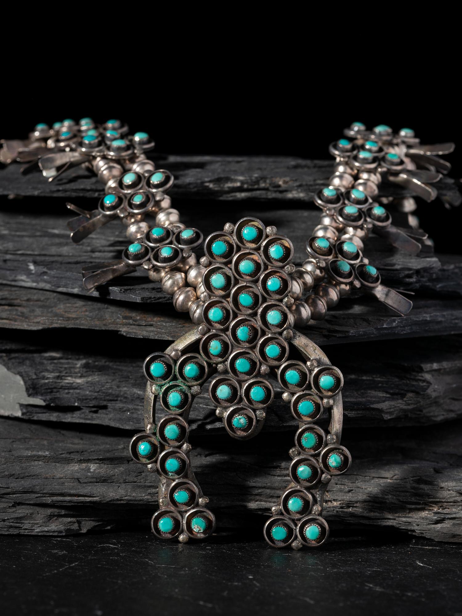 Navajo Silver and Petit Point Turquoise Cluster Squash Blossom Necklace