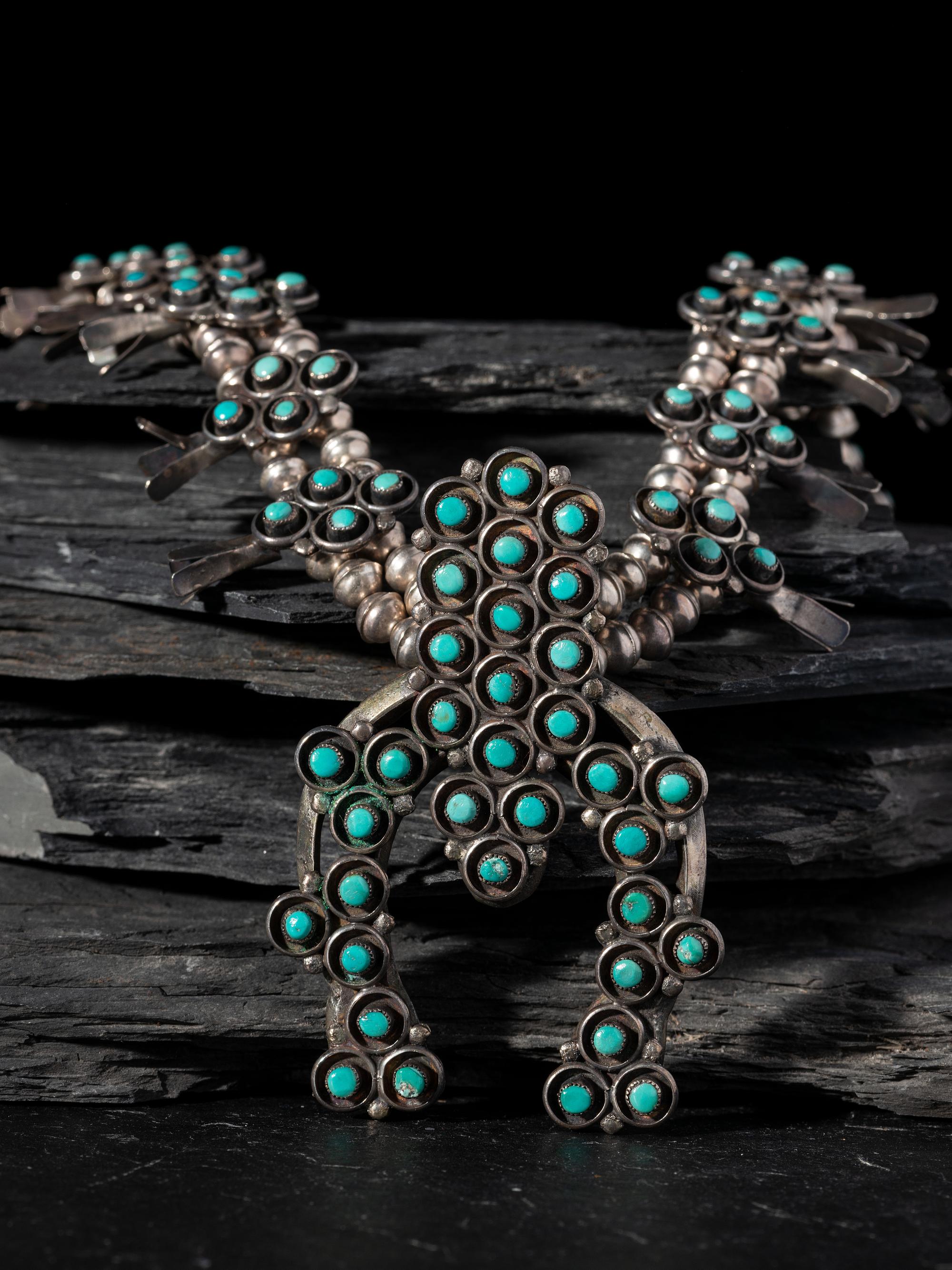 Navajo Silver and Petit Point Turquoise Cluster Squash Blossom Necklace