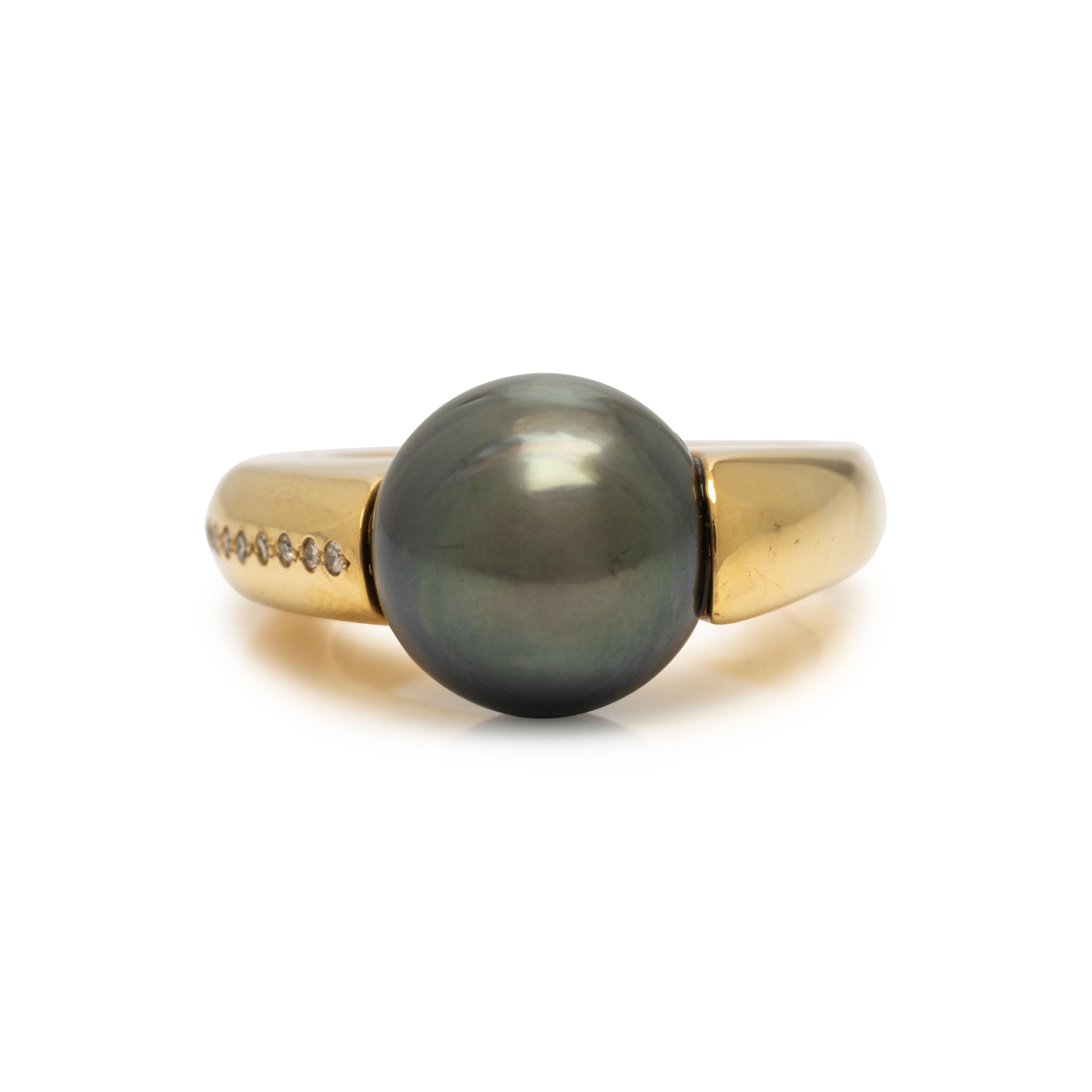 Cultured Pearl, Diamond, and Yellow Gold Ring