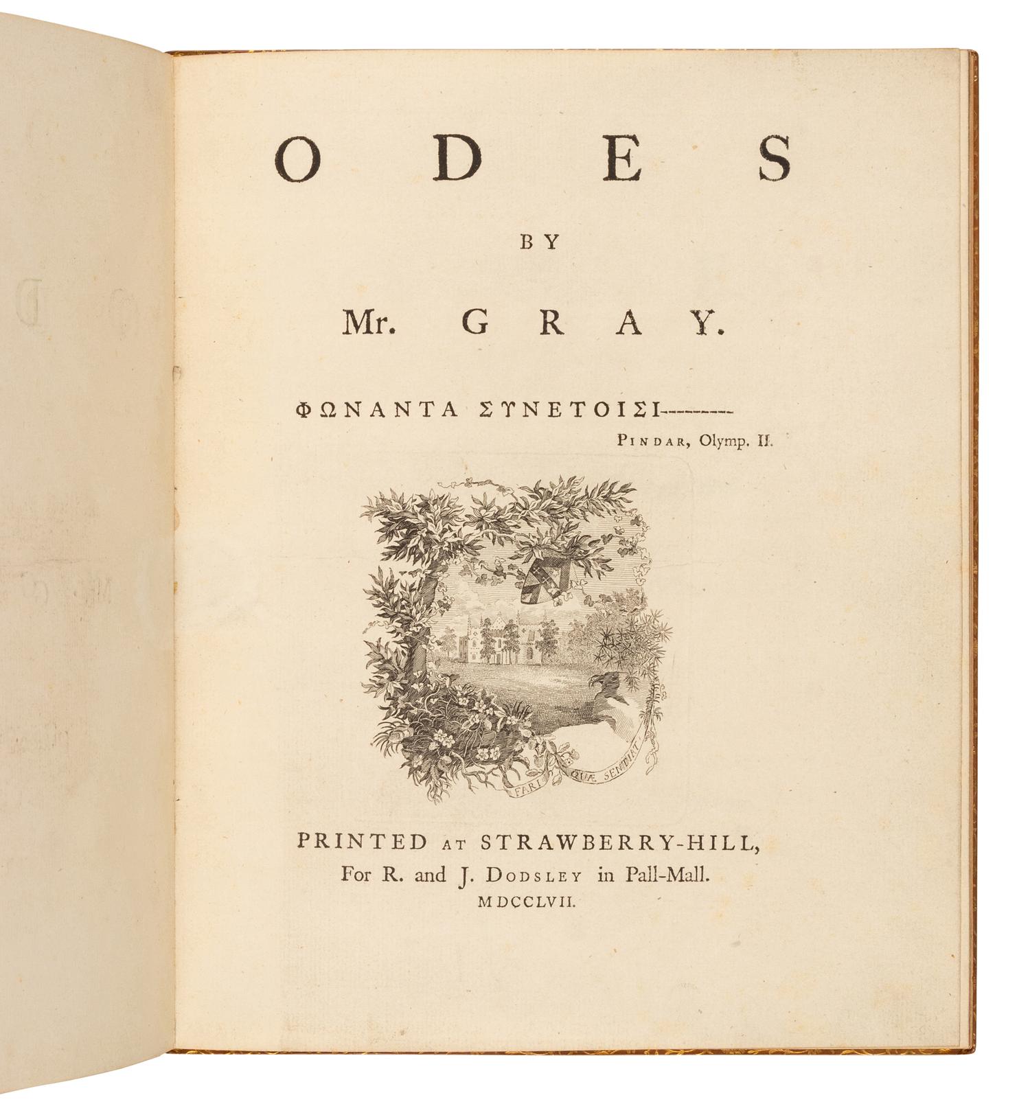 GRAY, Thomas (1716-1771). Odes . Strawberry-Hill, for R. and J. Dodsley, 1757.
