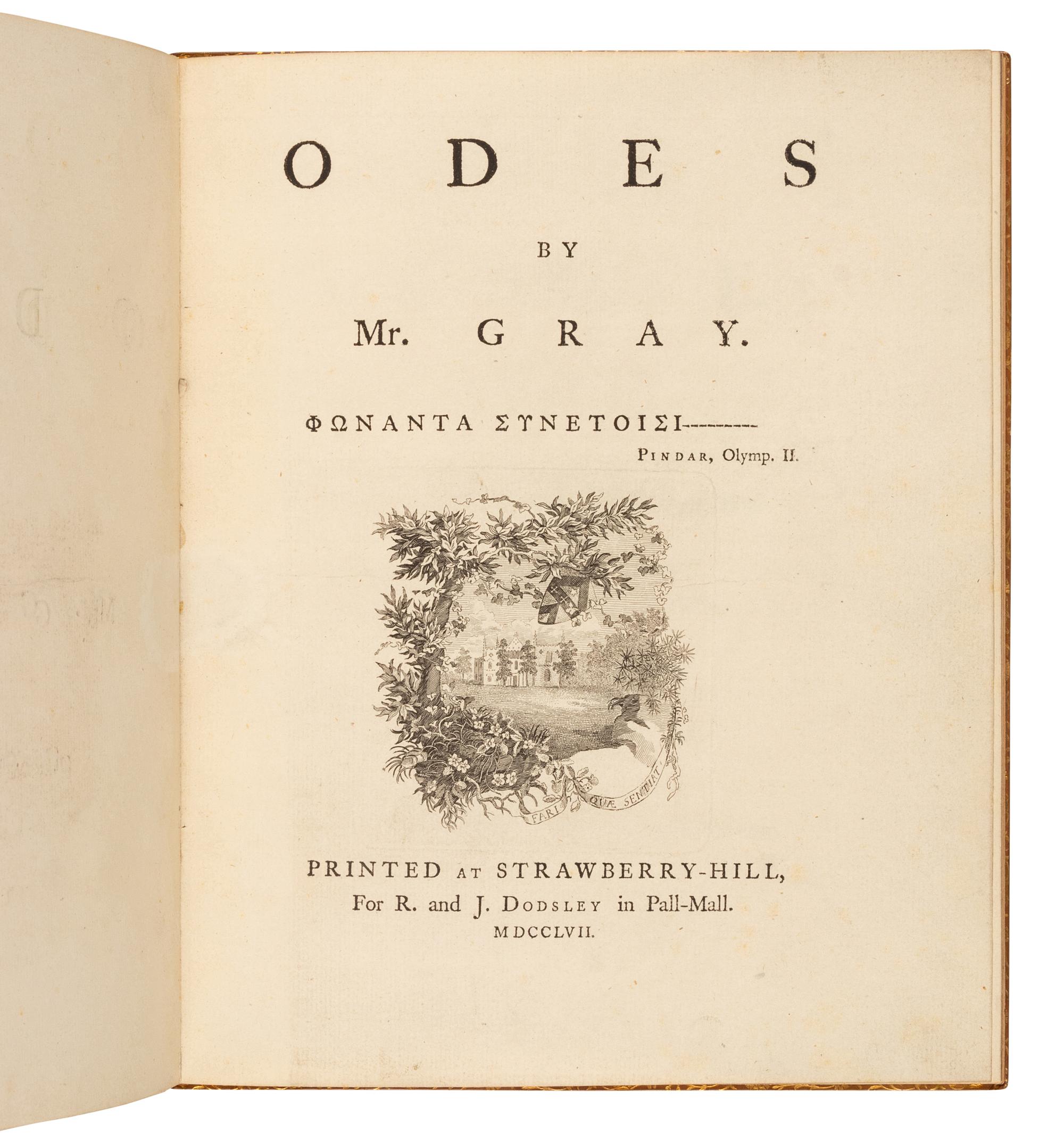 GRAY, Thomas (1716-1771). Odes . Strawberry-Hill, for R. and J. Dodsley, 1757.