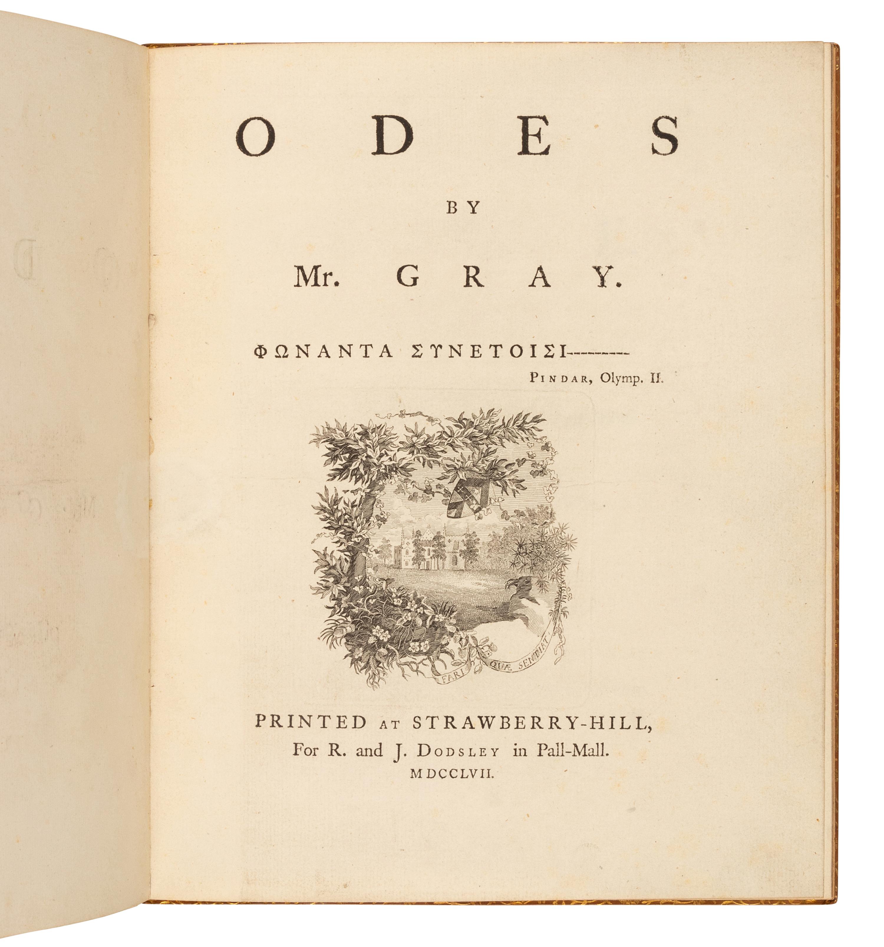 GRAY, Thomas (1716-1771). Odes . Strawberry-Hill, for R. and J. Dodsley, 1757.