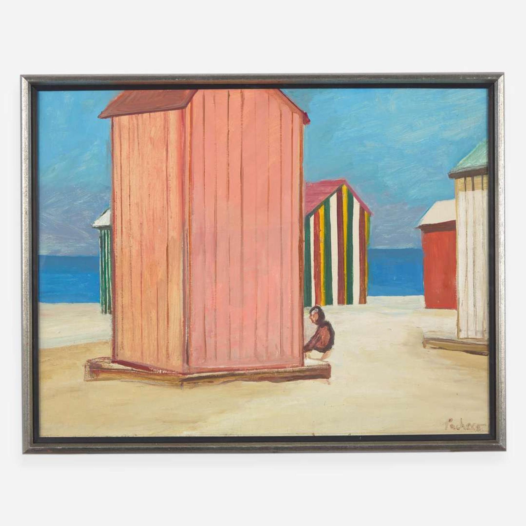 Joaquin Pacheco (Spanish, b.1934) Cabanas on the Beach