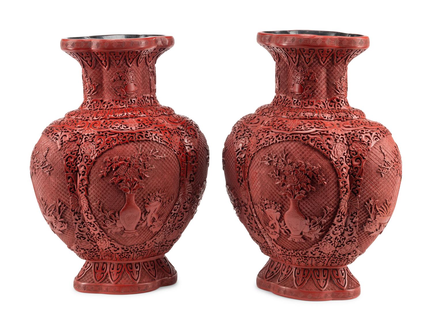 A Pair of Chinese Export Carved Red Lacquer Vases