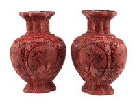 A Pair of Chinese Export Carved Red Lacquer Vases
