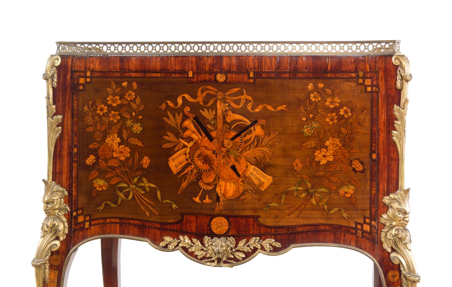 A Louis XV Style Gilt Bronze Mounted Marquetry Cylinder Bureau