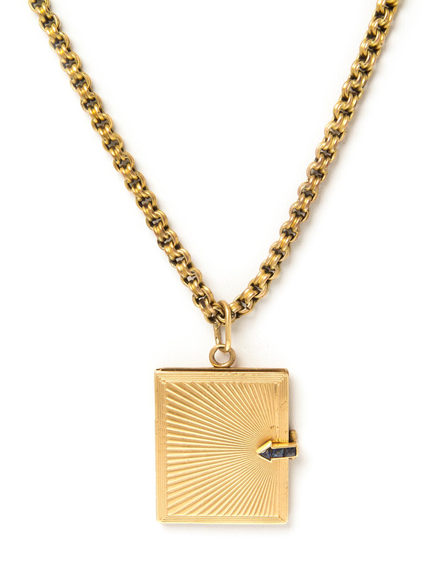 A Yellow Gold and Sapphire Locket Pendant and Chain, 22.5 dwts.