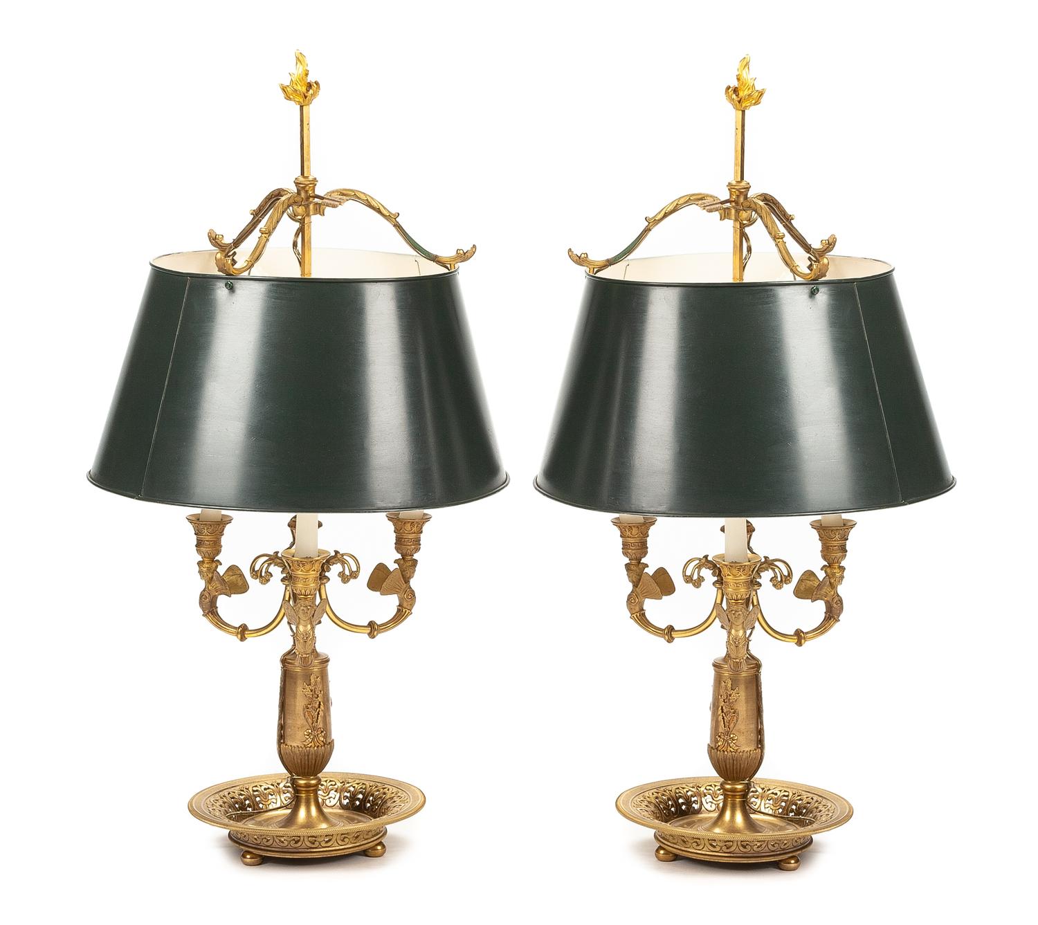 A Pair of Empire Style Gilt Bronze Four-Light Bouillotte Lamps Height overall 29 inches. — LATE 19TH/EARLY 20TH CENTURY