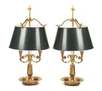 A Pair of Empire Style Gilt Bronze Four-Light Bouillotte Lamps Height overall 29 inches. — LATE 19TH/EARLY 20TH CENTURY