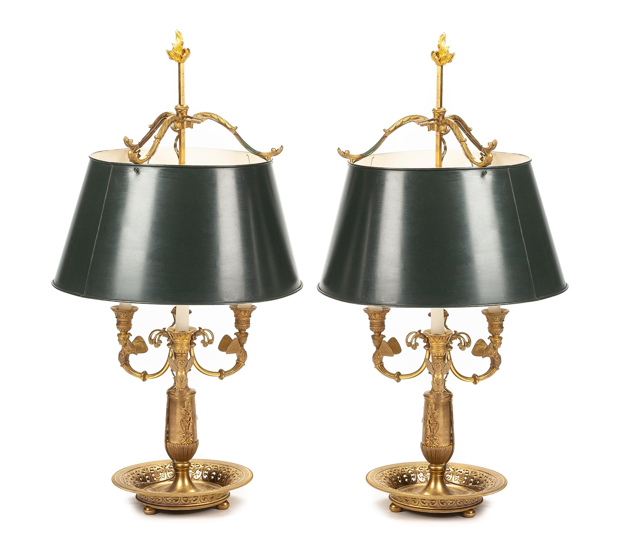 A Pair of Empire Style Gilt Bronze Four-Light Bouillotte Lamps Height overall 29 inches. — LATE 19TH/EARLY 20TH CENTURY