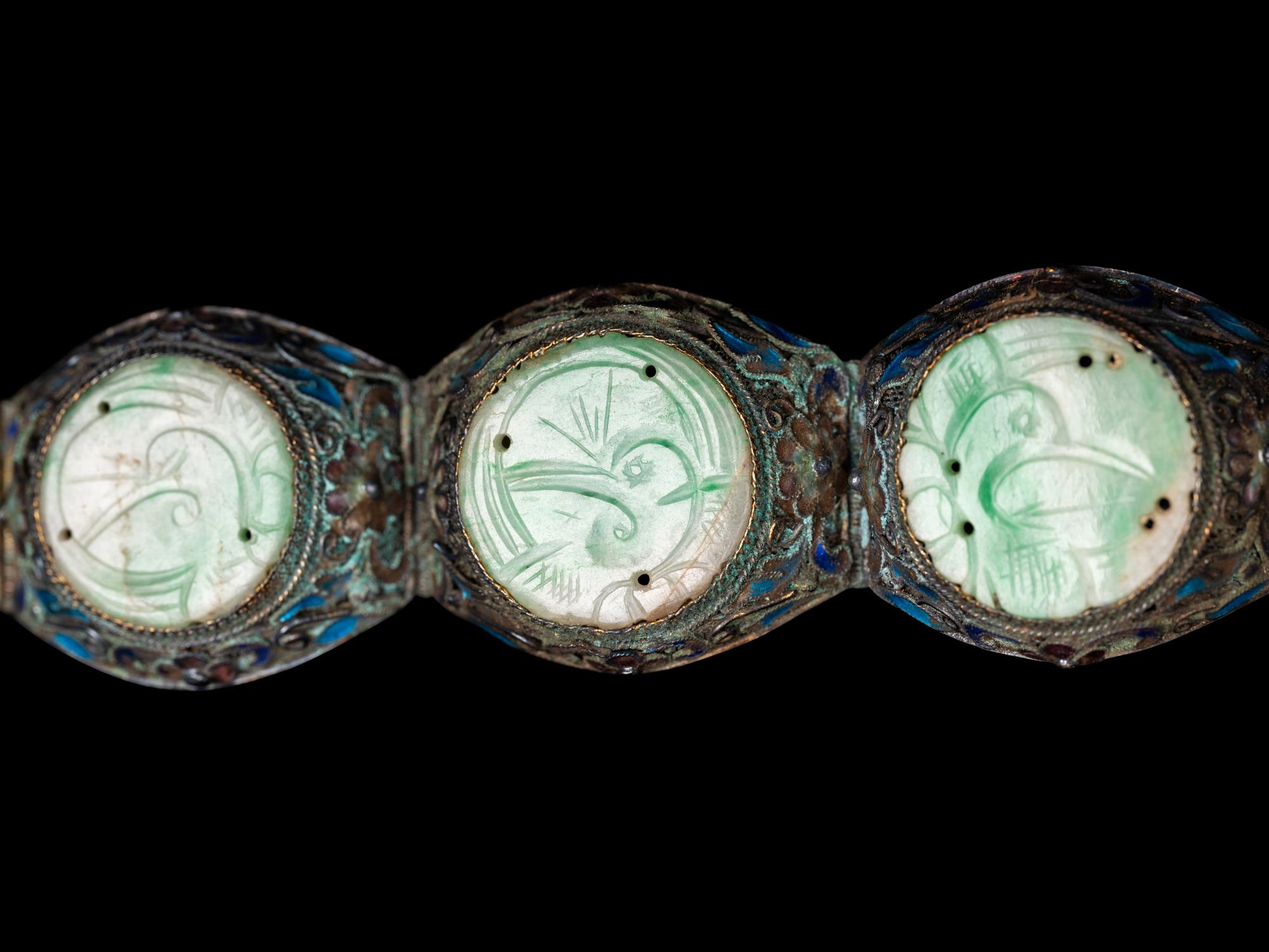 A Pair of Chinese Jadeite Inset Enameled Filigree Bracelets