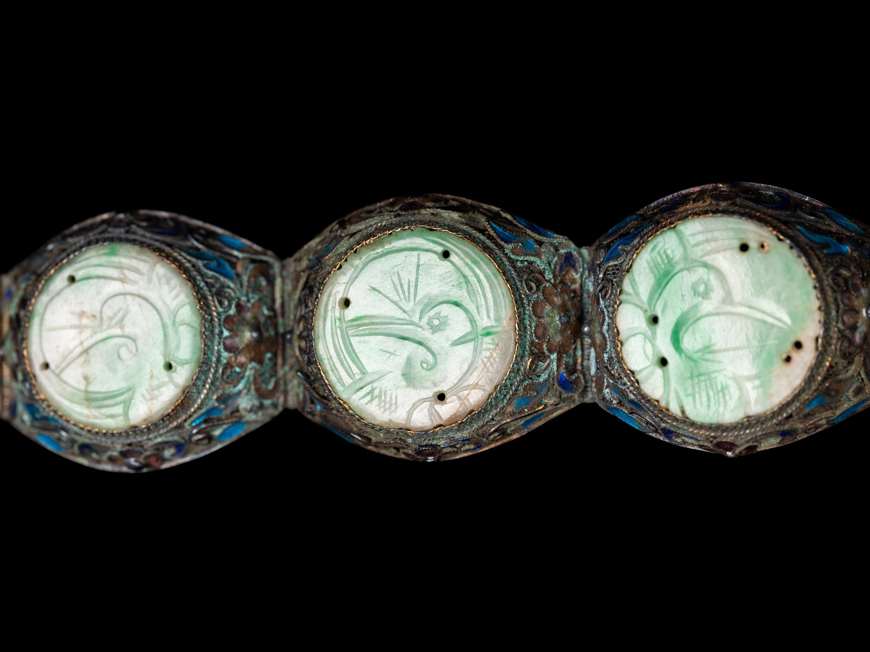 A Pair of Chinese Jadeite Inset Enameled Filigree Bracelets