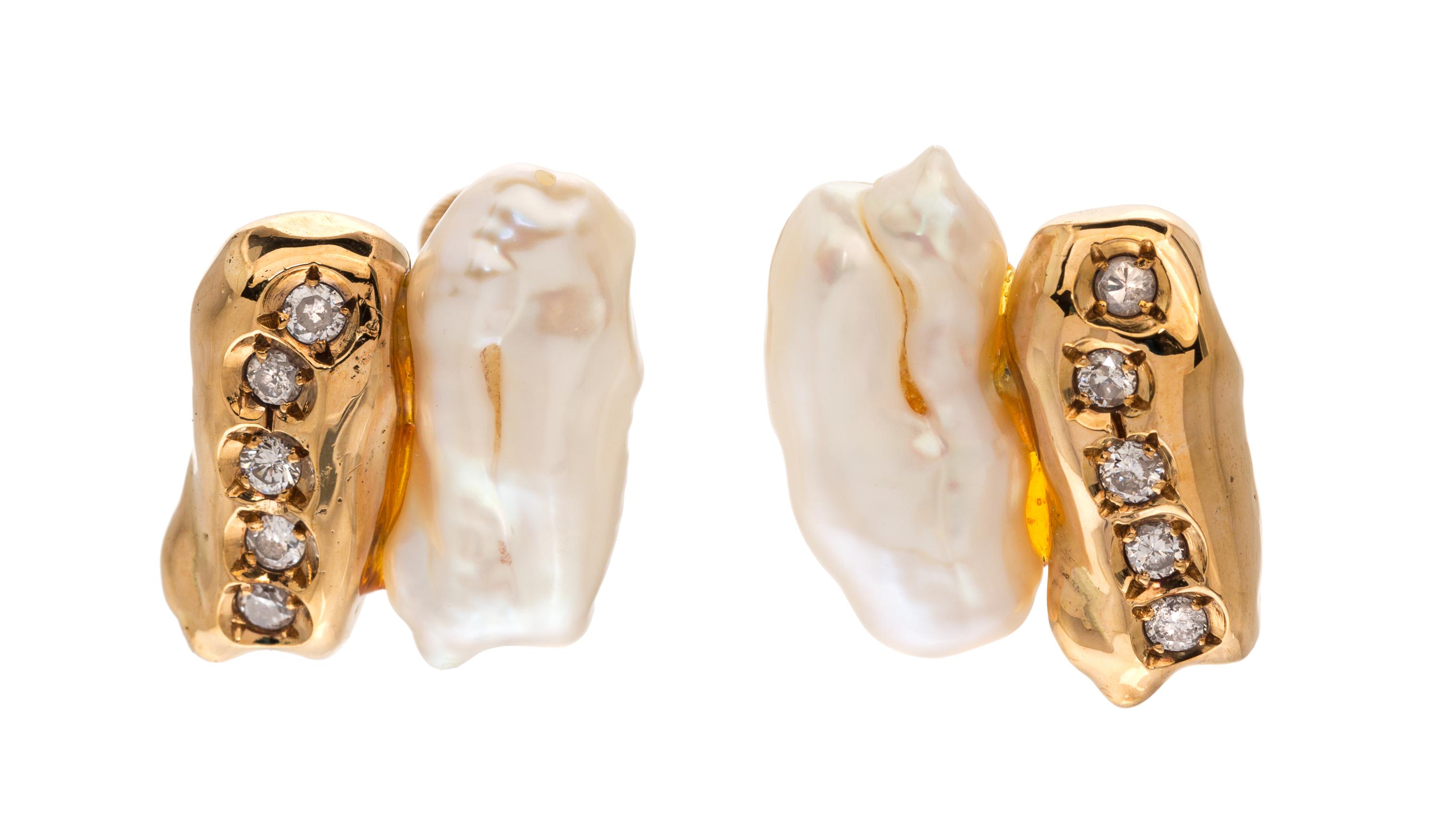 A Pair of 18 Karat Yellow Gold, Diamond and Cultured Pearl Earclips, Cartier, 12.70 dwts.