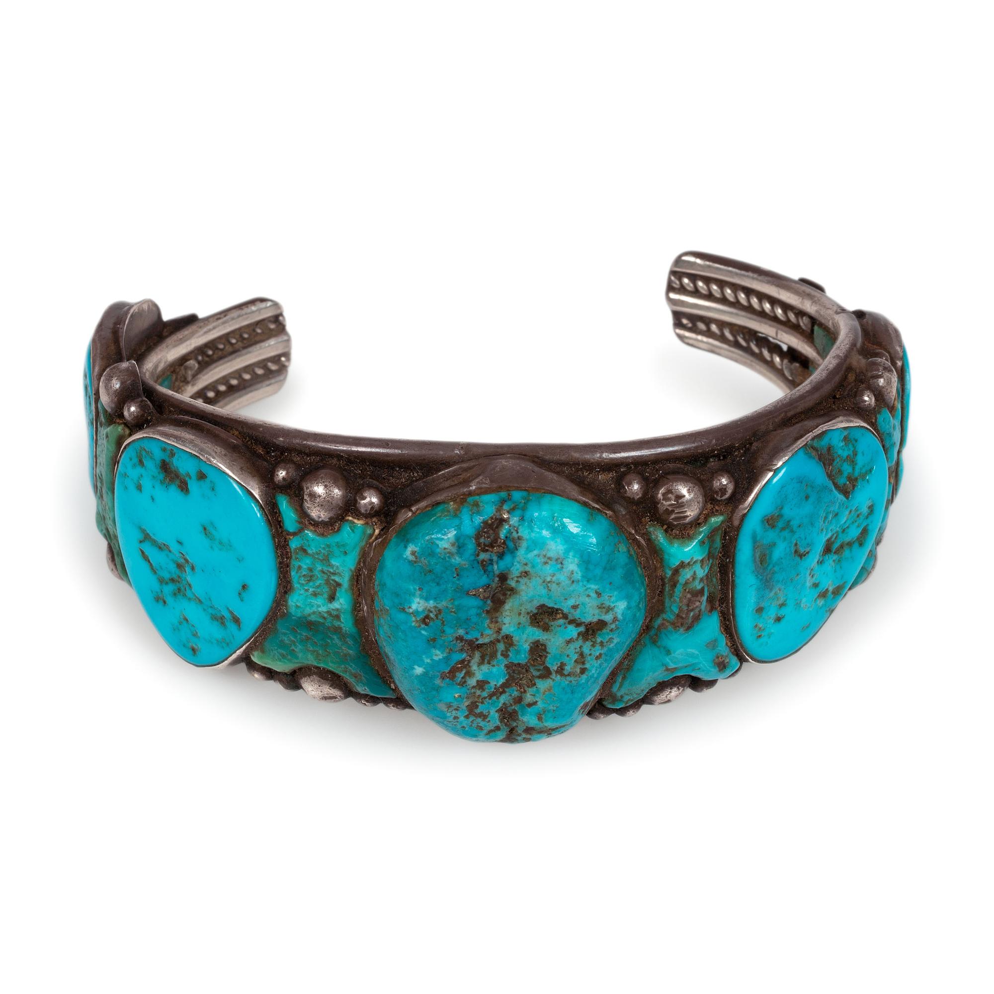 Navajo Silver and Turquoise Cuff Bracelet, with Inlay on Interior and Front