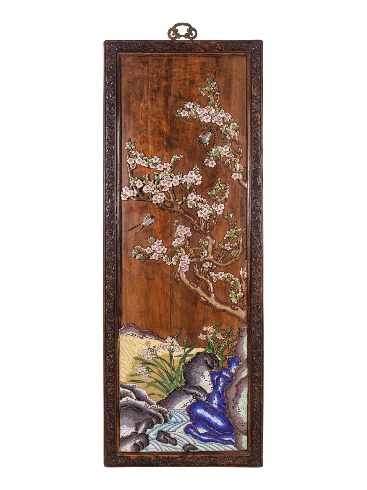 A Set of Four Chinese Export Cloisonné Inset Wood Wall Panels