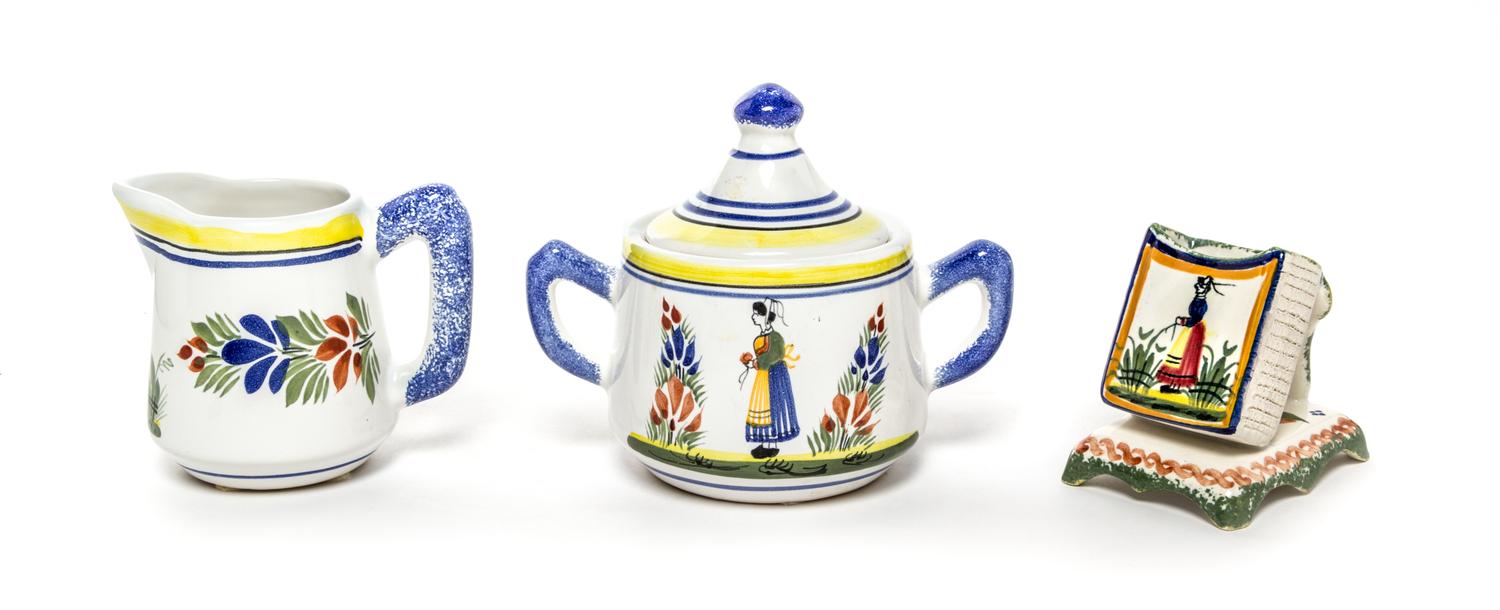 Three Quimper Pottery Table Articles Height of covered sugar 5 inches.