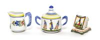 Three Quimper Pottery Table Articles Height of covered sugar 5 inches.