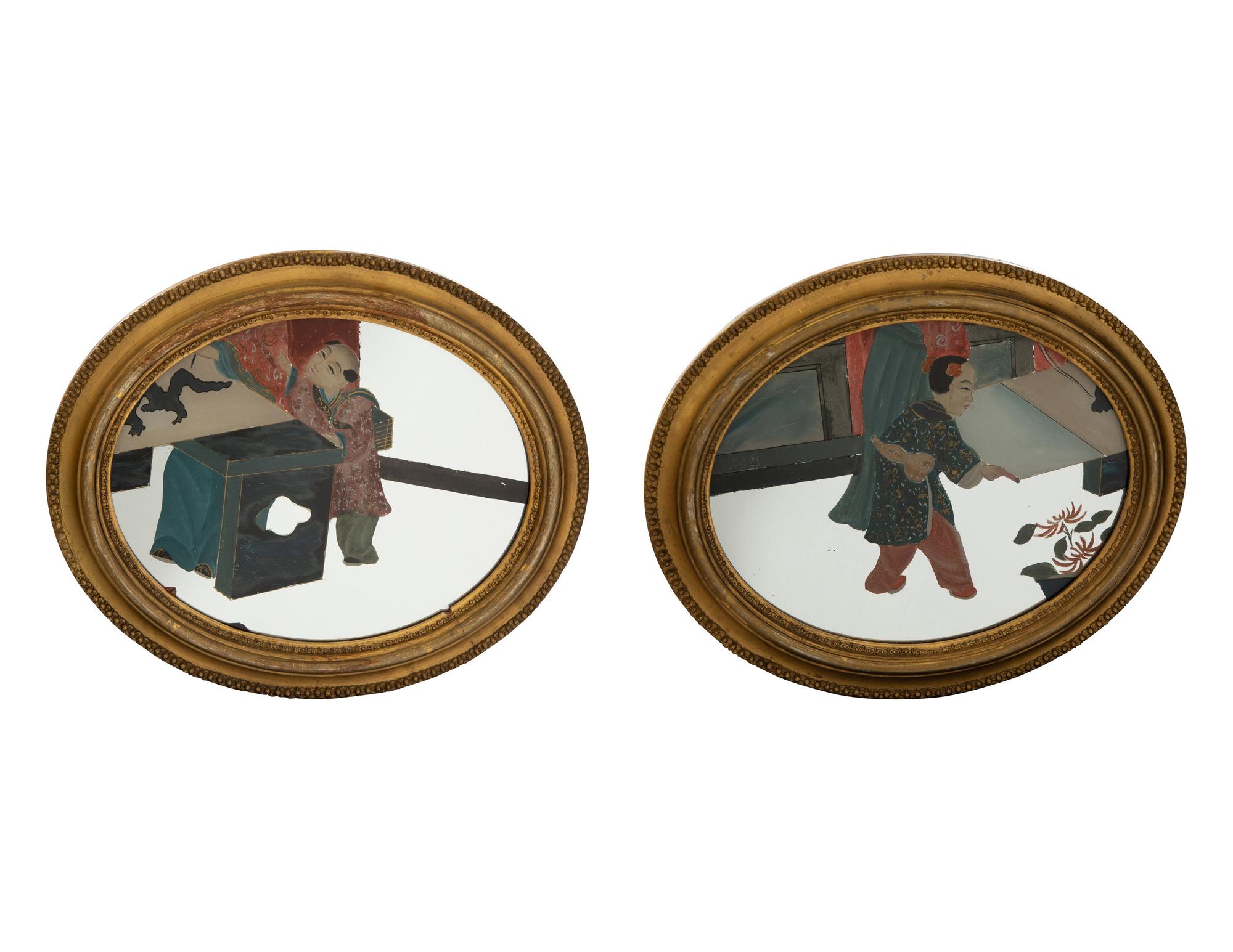 A Pair of Chinese Reverse Paintings on Mirrored Glass