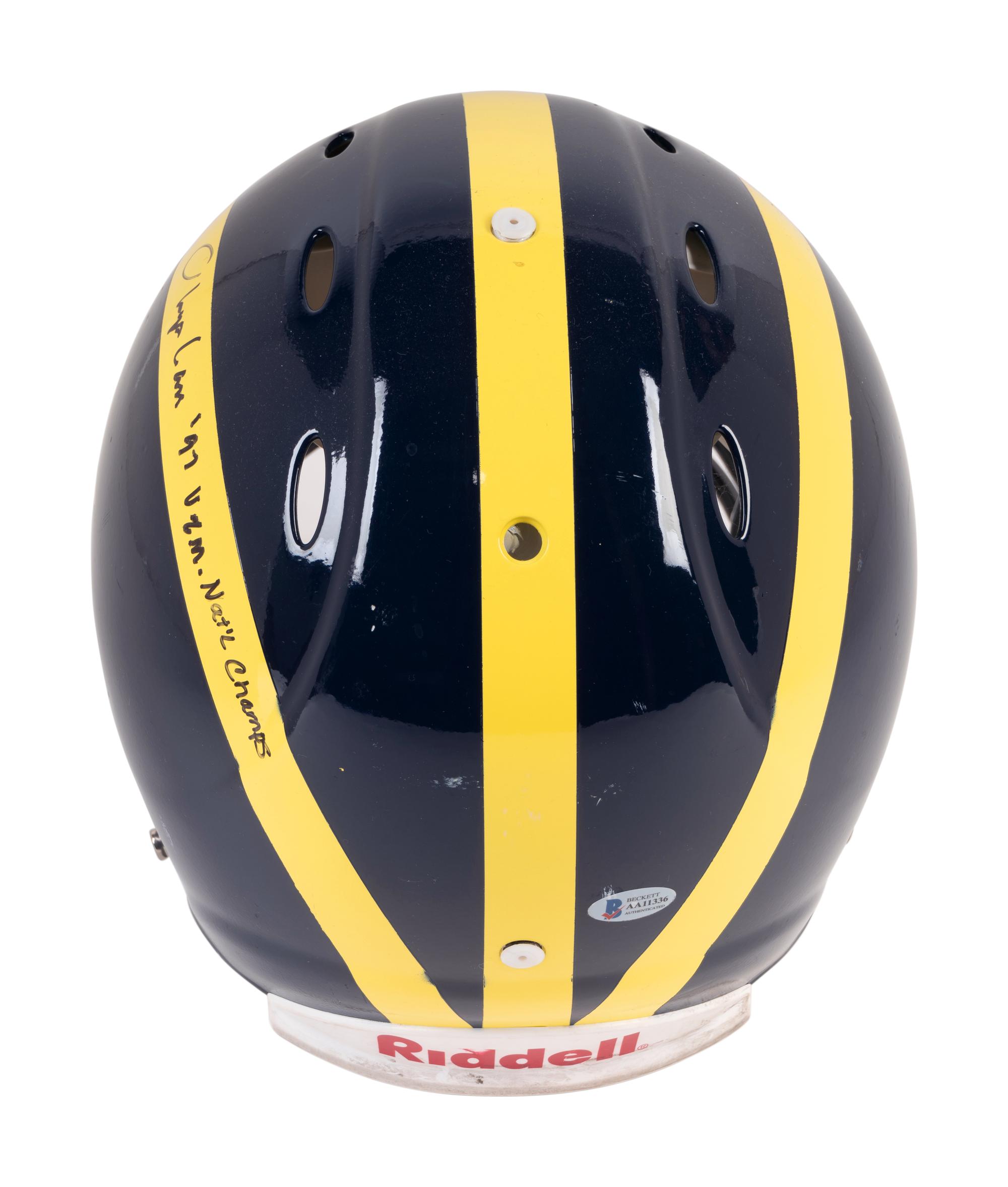 A Multi Signed 1997 University of Michigan Signed Autograph Riddell Full Size Football Helmet Including Charles Woodson and Lloyd Carr (BAS Beckett Authentication Services Certified),